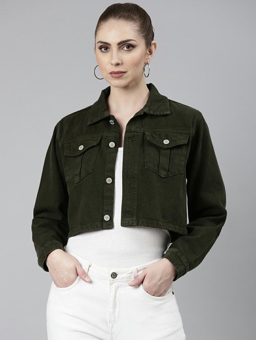 women olive solid denim jacket - 20610380 - Zoom Image - 0