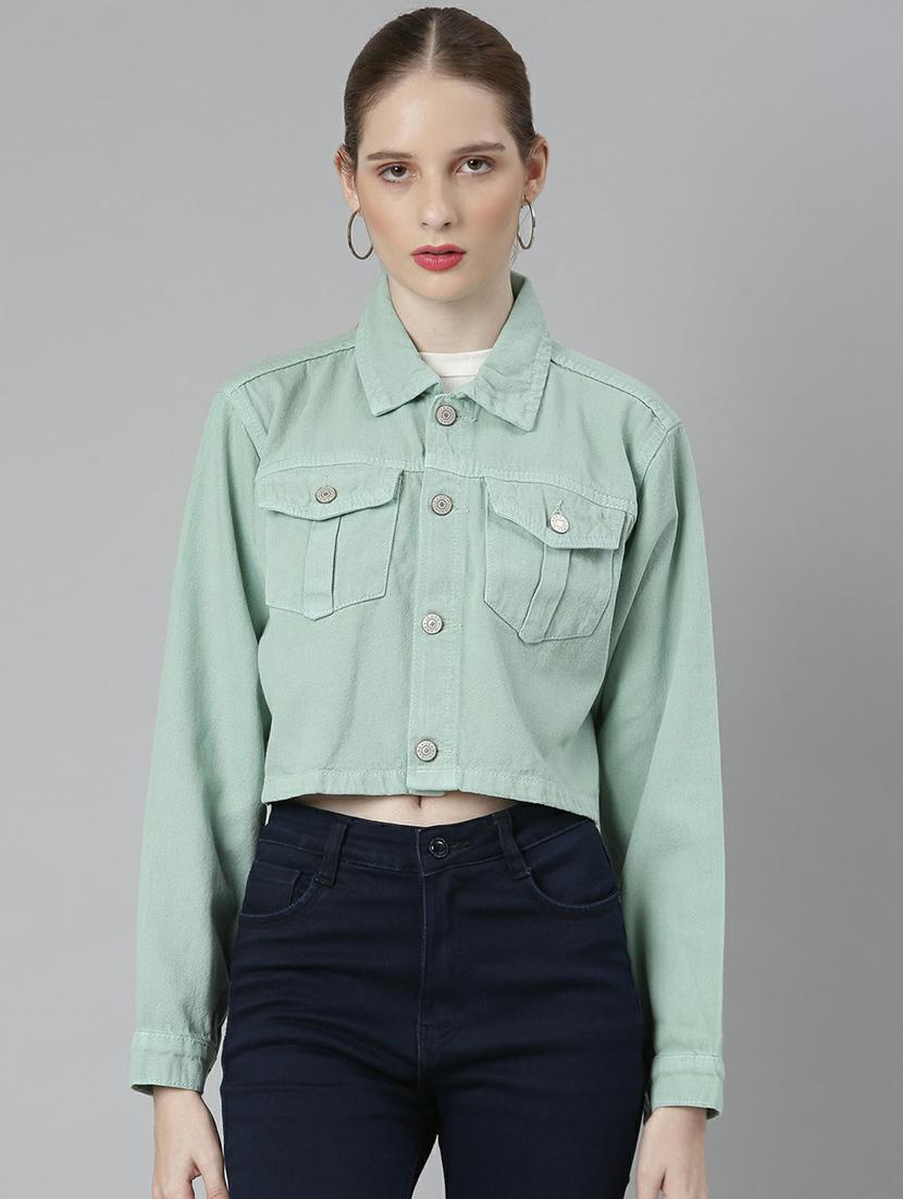 women sea green solid denim jacket - 20610381 - Zoom Image - 0