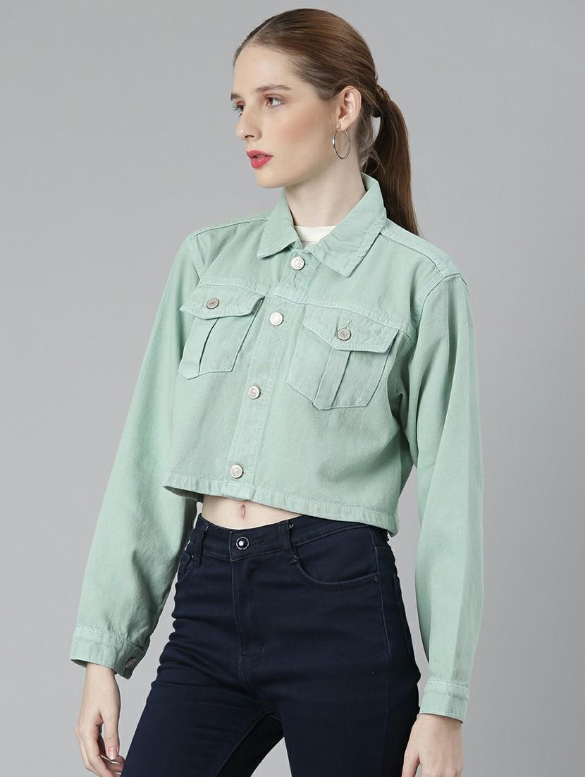 women sea green solid denim jacket - 20610381 - Standard Image - 1