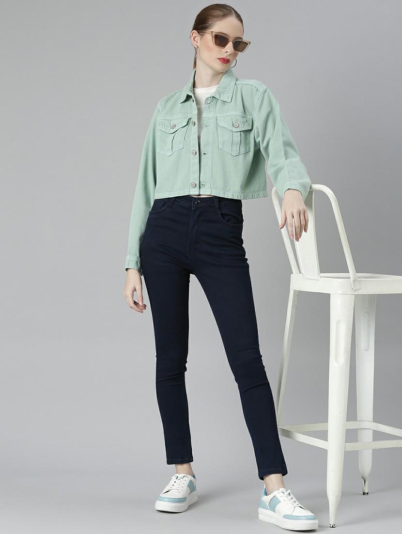 women sea green solid denim jacket - 20610381 - Standard Image - 4