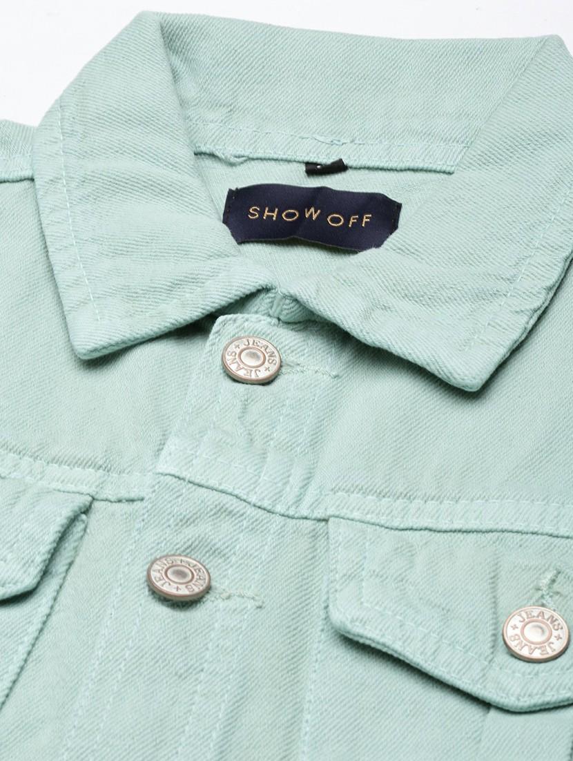 women sea green solid denim jacket - 20610381 - Standard Image - 6