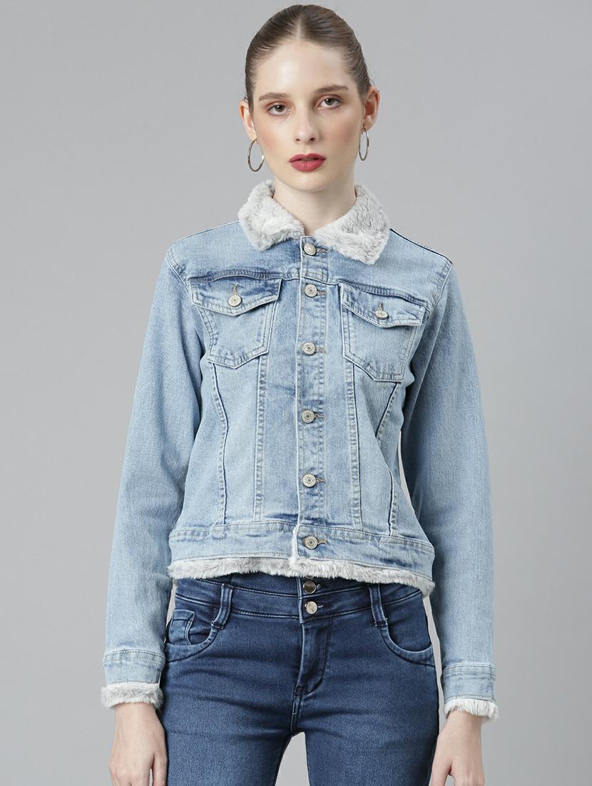 women blue solid denim jacket - 20610385 -  Zoom Image - 0