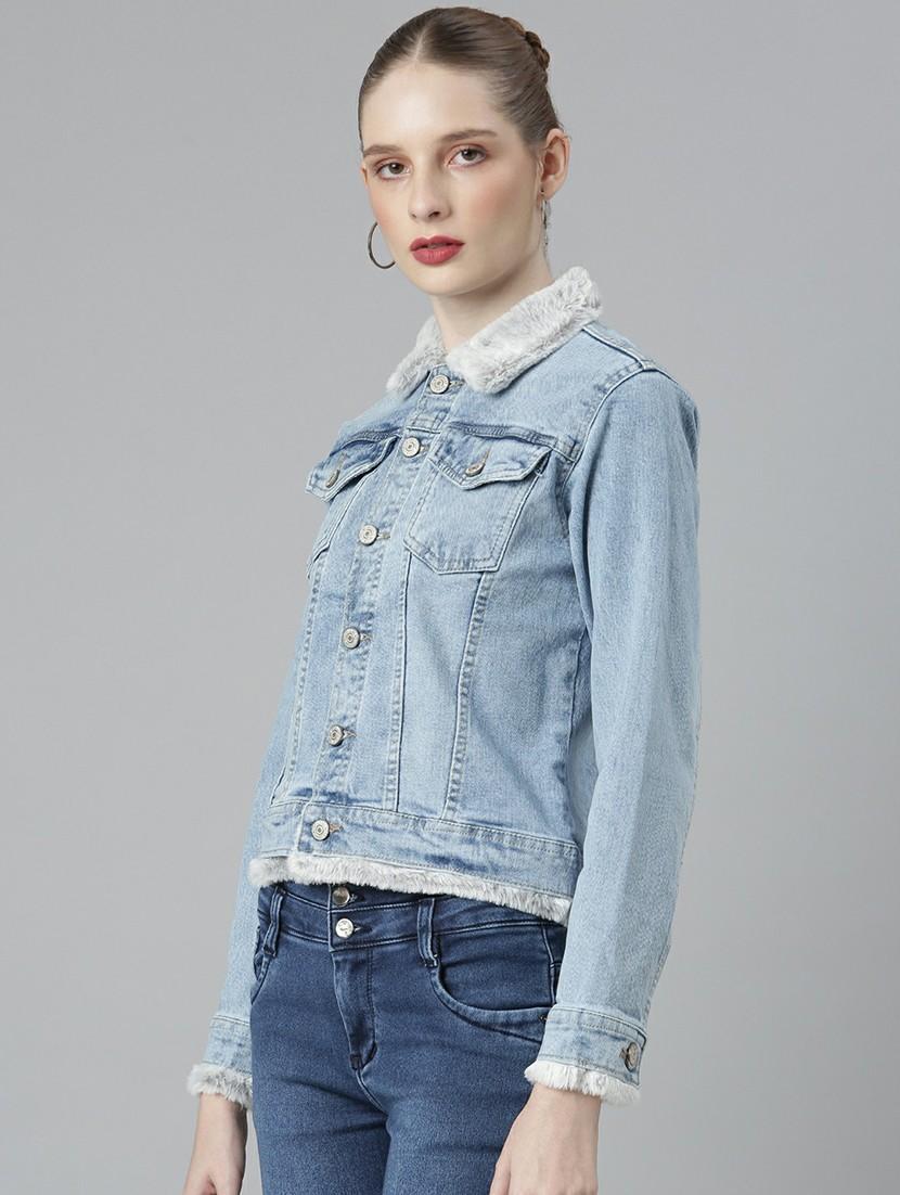 women blue solid denim jacket - 20610385 - Standard Image - 1