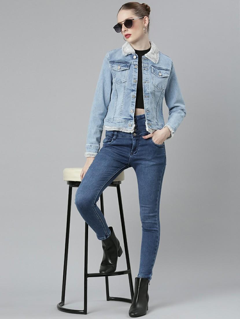 women blue solid denim jacket - 20610385 - Standard Image - 4