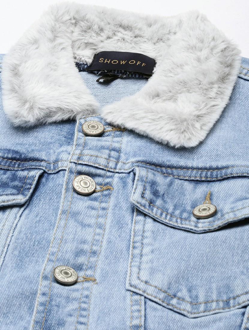 women blue solid denim jacket - 20610385 - Standard Image - 6
