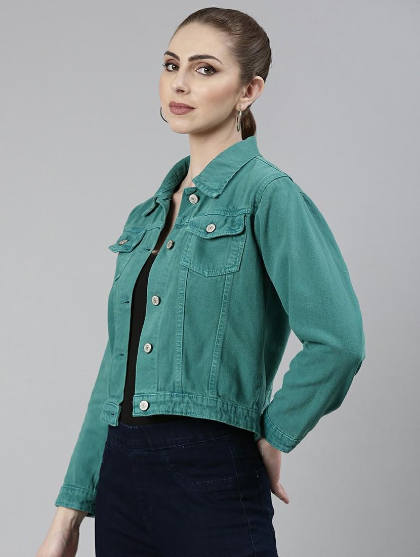 women turquoise solid denim jacket - 20610388 -  Standard Image - 1