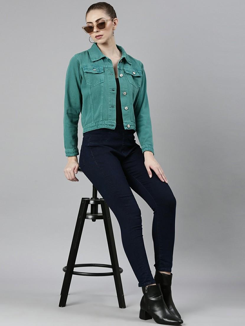 women turquoise solid denim jacket - 20610388 - Standard Image - 4