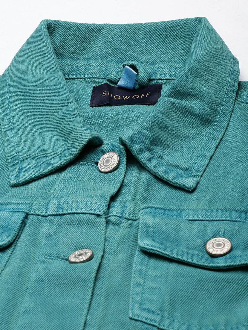 women turquoise solid denim jacket - 20610388 - Standard Image - 6