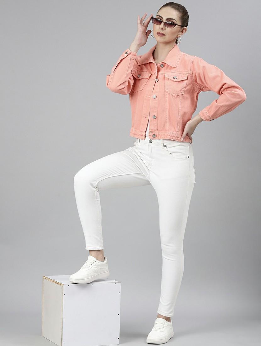 women peach solid denim jacket - 20610389 - Standard Image - 4