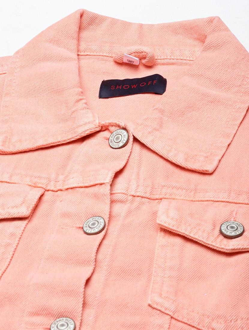women peach solid denim jacket - 20610389 - Standard Image - 6