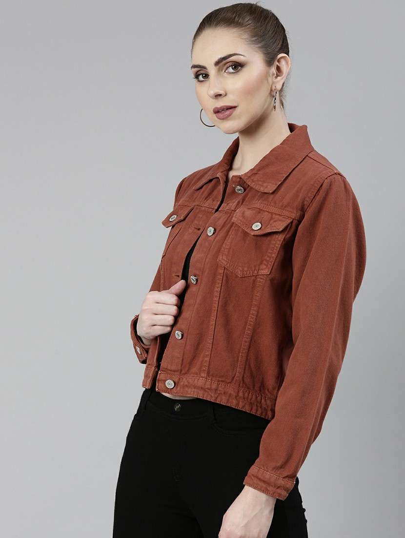 Women Rust Solid Denim Jacket - 20610392 -  Standard Image - 1