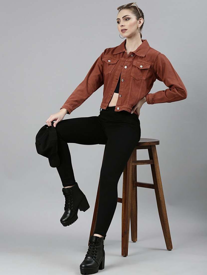 Women Rust Solid Denim Jacket - 20610392 -  Standard Image - 4