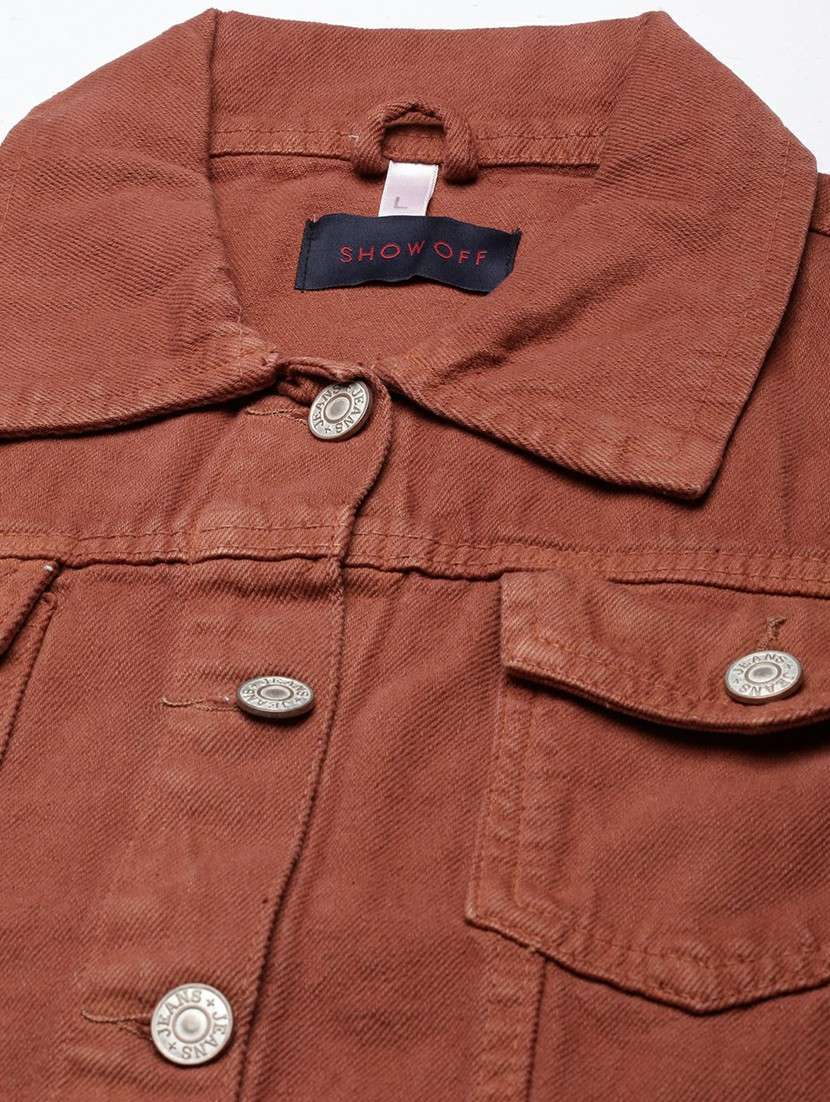 Women Rust Solid Denim Jacket - 20610392 -  Standard Image - 6