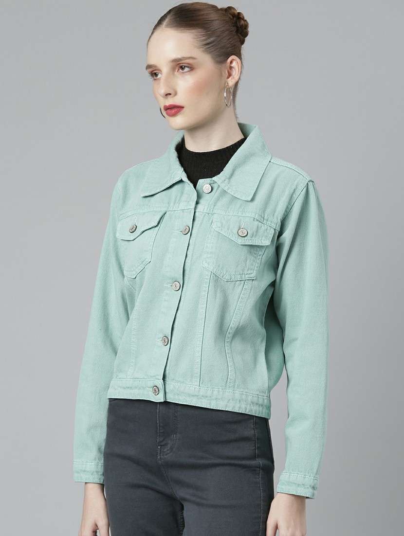 women sea green solid denim jacket - 20610394 -  Standard Image - 1