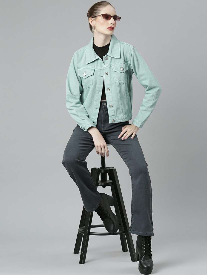 women sea green solid denim jacket - 20610394 -  Standard Image - 4