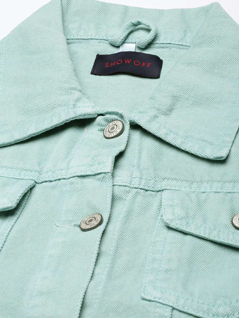 women sea green solid denim jacket - 20610394 -  Standard Image - 6