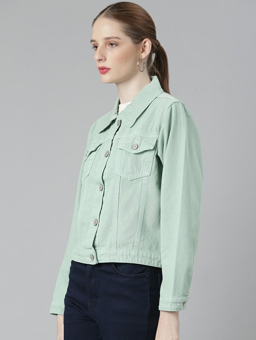 women sea green solid denim jacket - 20610395 -  Standard Image - 1