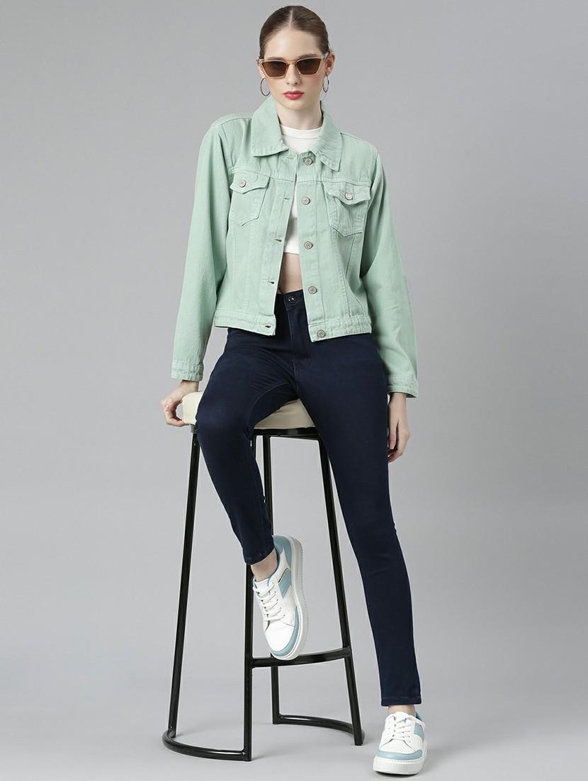 women sea green solid denim jacket - 20610395 - Standard Image - 4