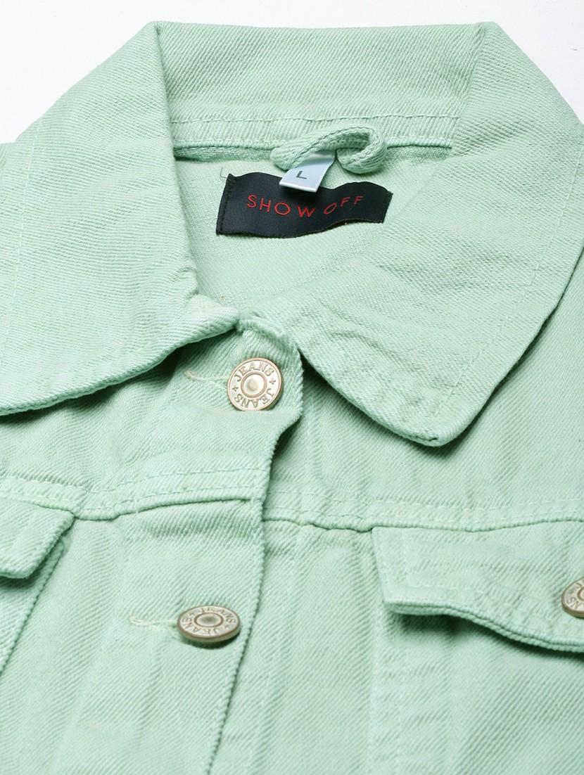 women sea green solid denim jacket - 20610395 - Standard Image - 6