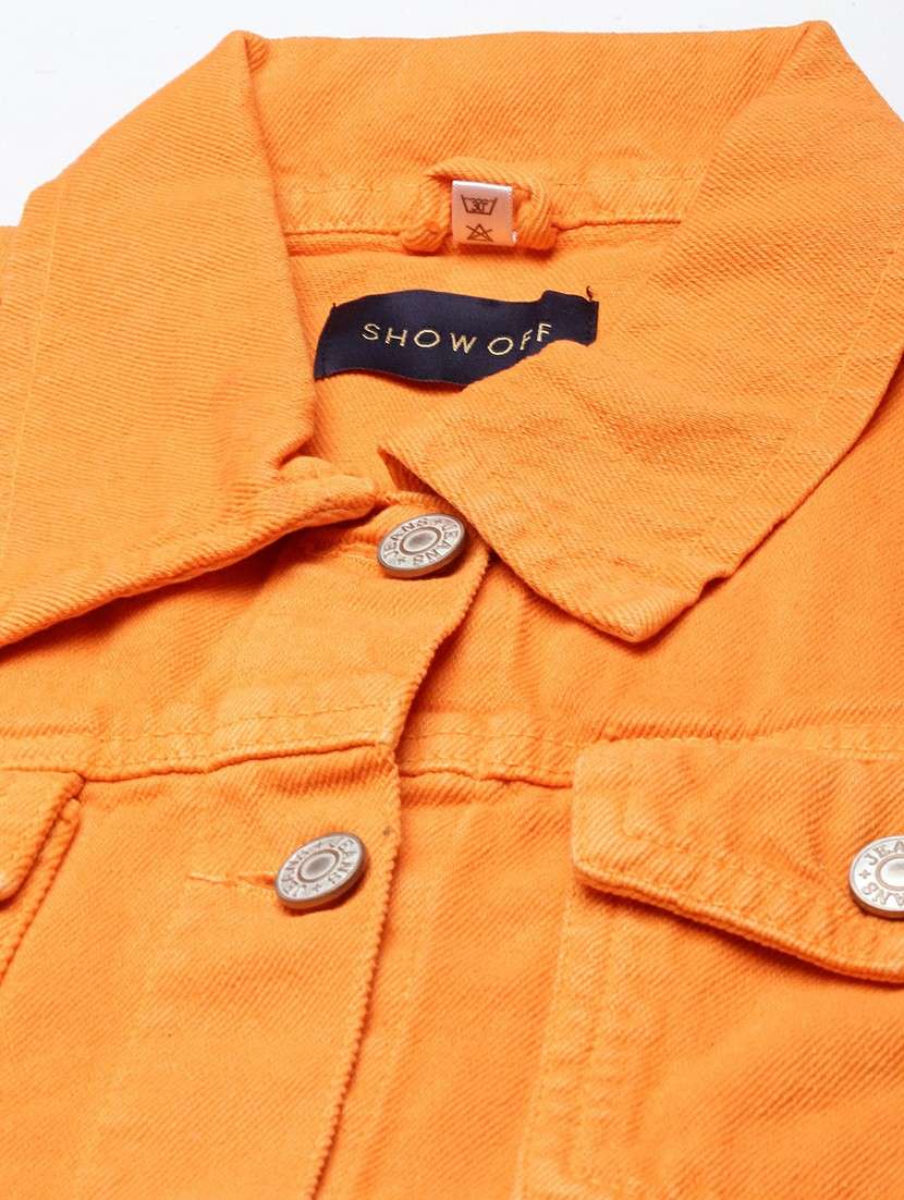 women orange solid denim jacket - 20610397 -  Standard Image - 6