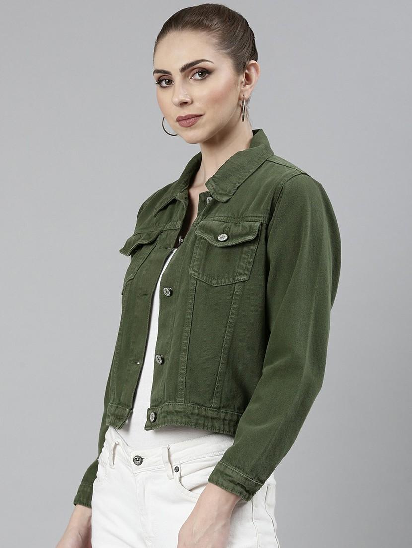 women green solid denim jacket - 20610399 -  Standard Image - 1