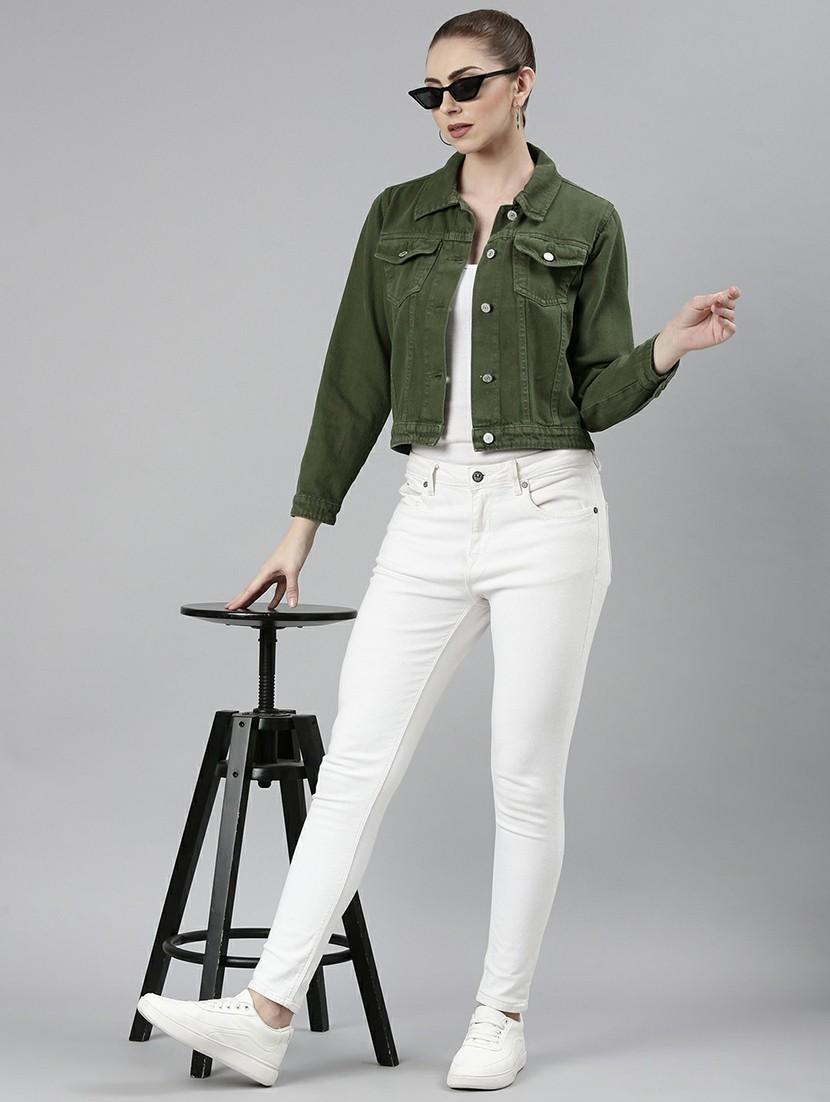 women green solid denim jacket - 20610399 - Standard Image - 4