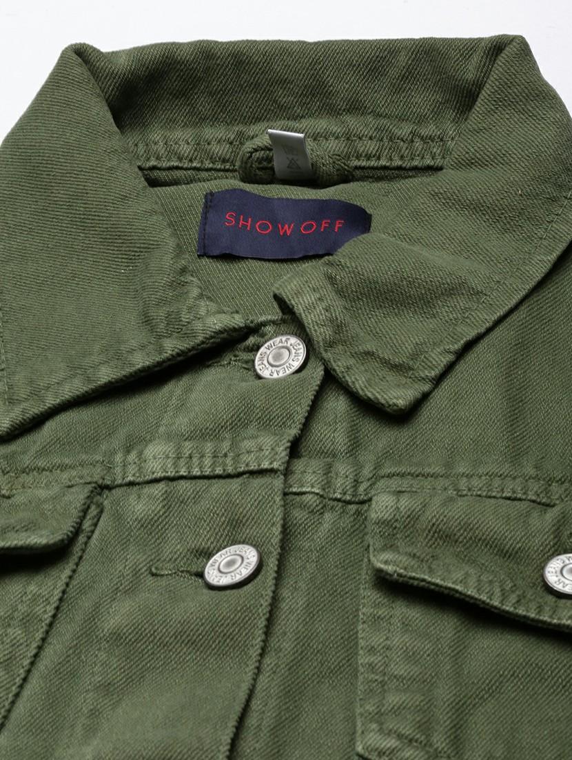 women green solid denim jacket - 20610399 - Standard Image - 6
