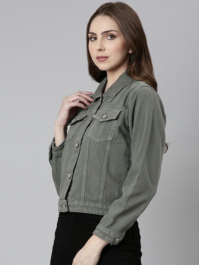 women grey solid denim jacket - 20610400 - Standard Image - 1