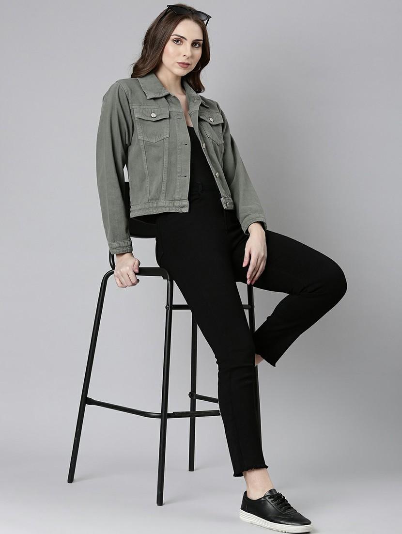 women grey solid denim jacket - 20610400 - Standard Image - 4