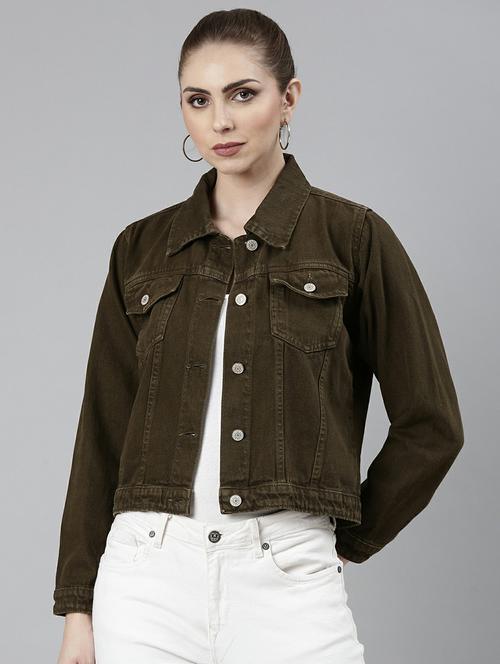 women brown solid denim jacket - 20610401 -  Standard Image - 0