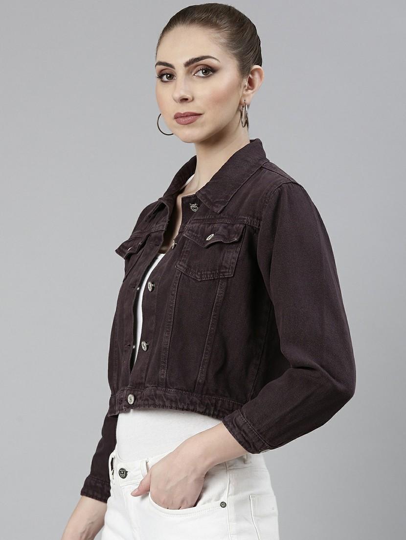 women purple solid denim jacket - 20610402 - Standard Image - 1