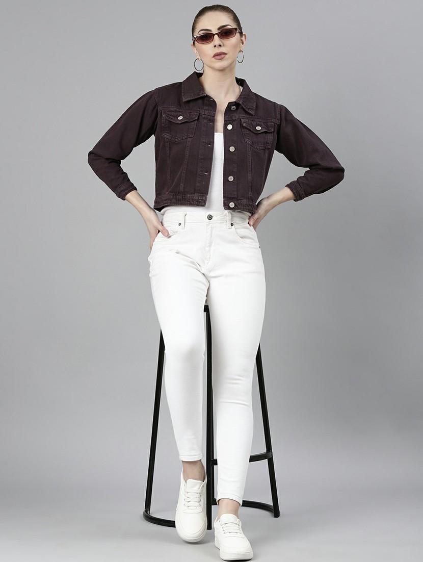 women purple solid denim jacket - 20610402 - Standard Image - 4
