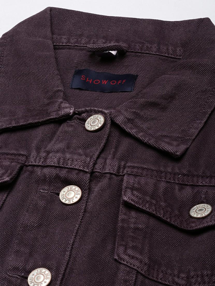 women purple solid denim jacket - 20610402 - Standard Image - 6