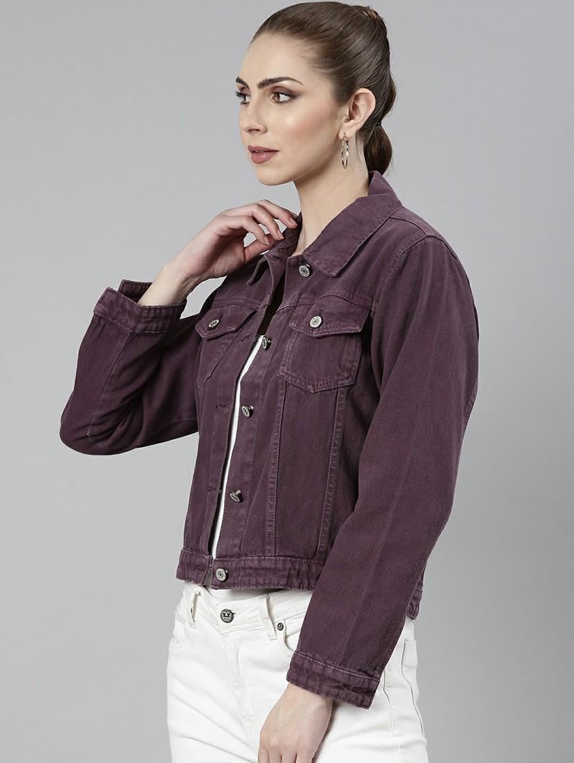 women purple solid denim jacket - 20610404 - Standard Image - 1