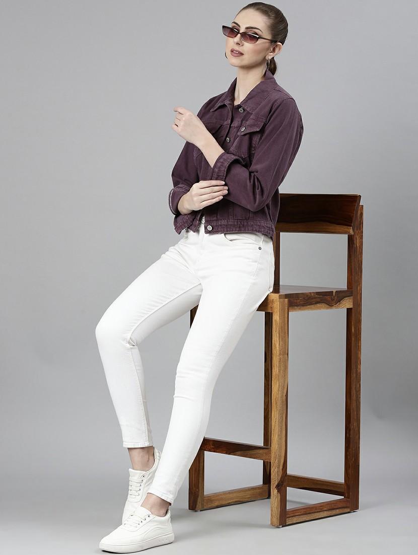 women purple solid denim jacket - 20610404 - Standard Image - 4