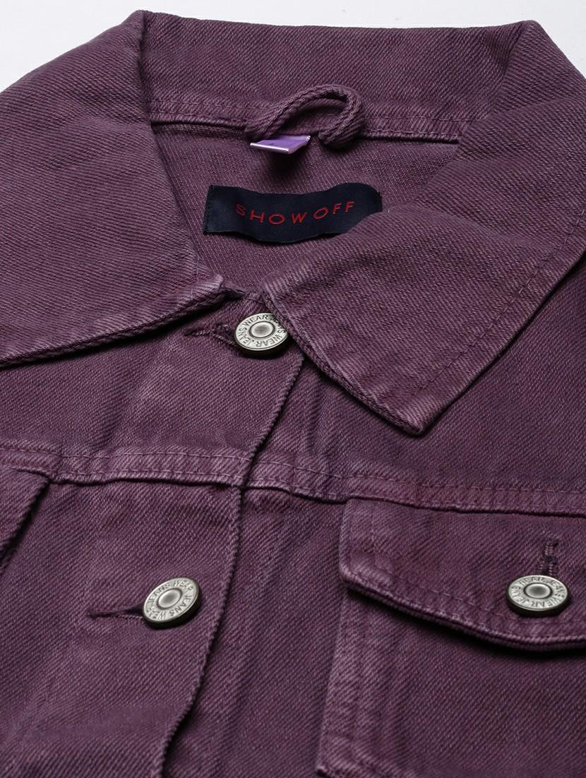 women purple solid denim jacket - 20610404 - Standard Image - 6