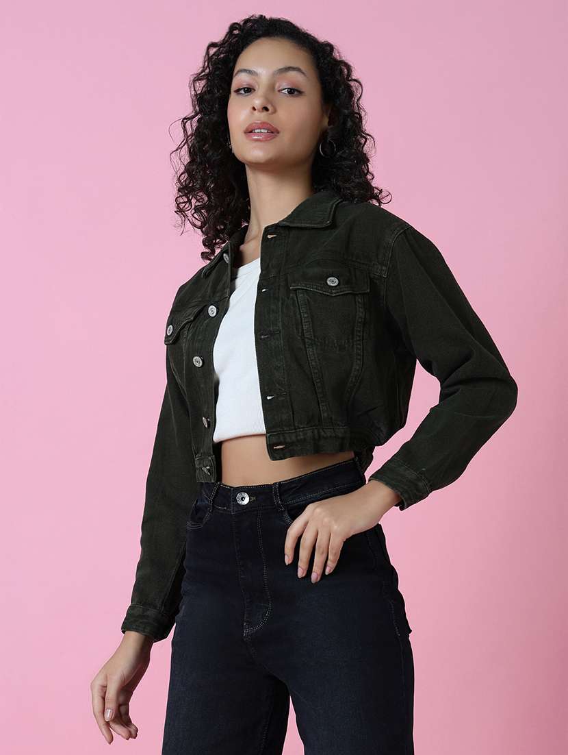 women green solid denim jacket - 20610409 -  Standard Image - 1