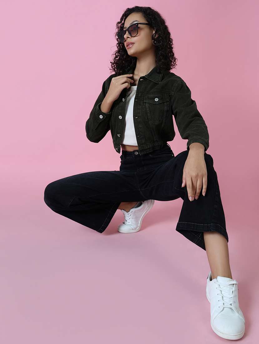 women green solid denim jacket - 20610409 -  Standard Image - 4