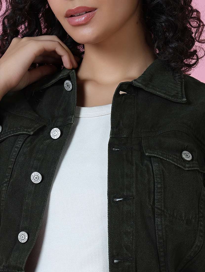 women green solid denim jacket - 20610409 -  Standard Image - 6