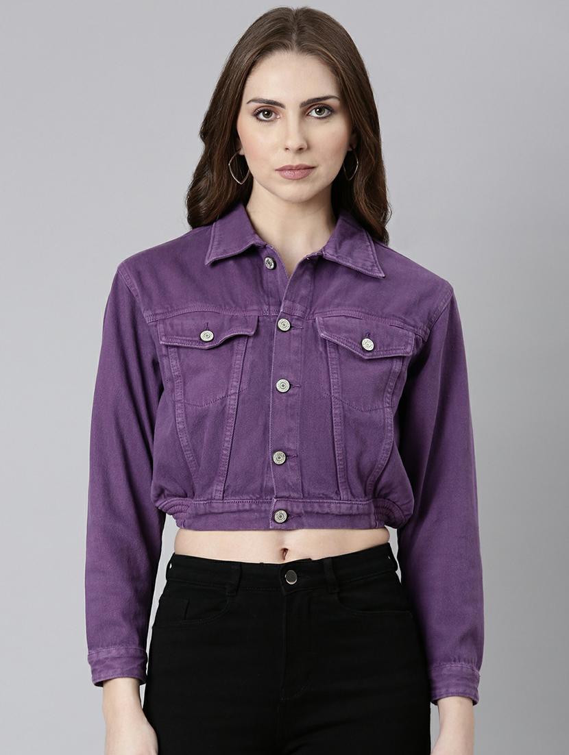 women purple solid denim jacket - 20610410 -  Zoom Image - 0