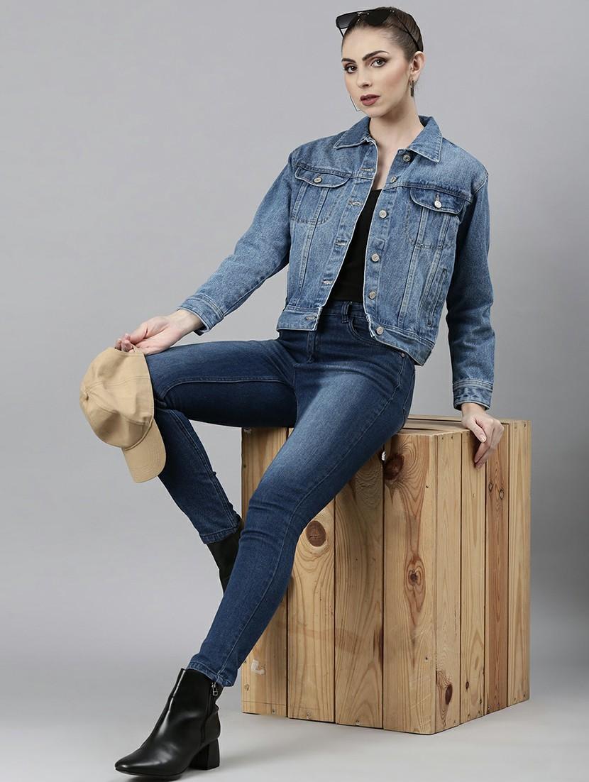 women blue solid denim jacket - 20610413 - Standard Image - 4