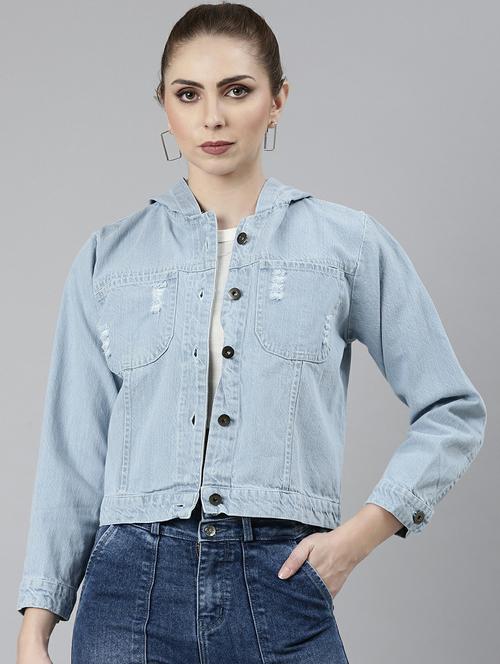 women light blue solid hooded denim jacket - 20610414 - Standard Image - 0