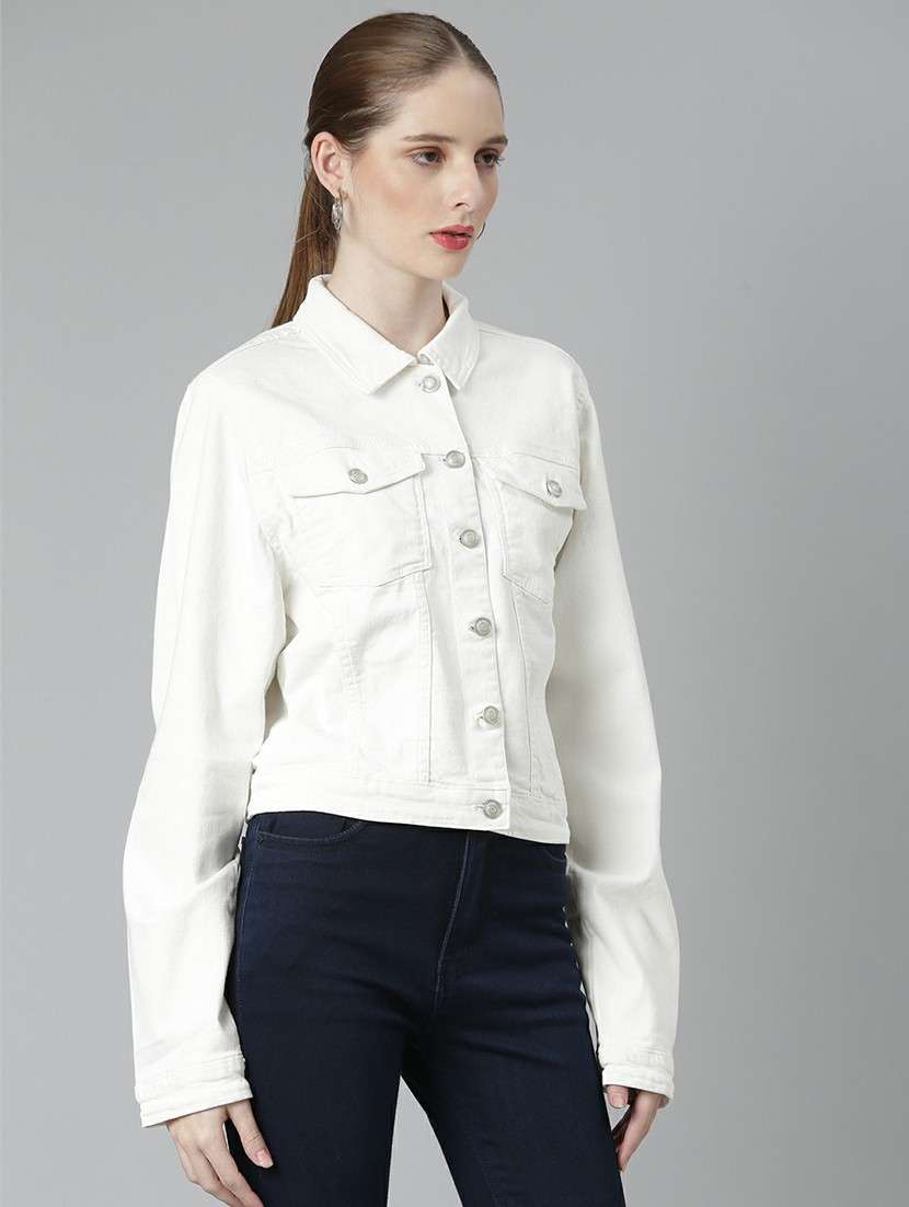 women white solid denim jacket - 20610417 - Standard Image - 1