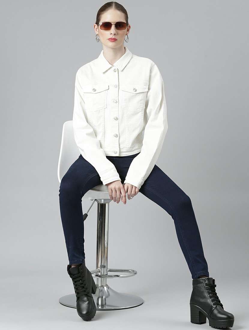 women white solid denim jacket - 20610417 - Standard Image - 4
