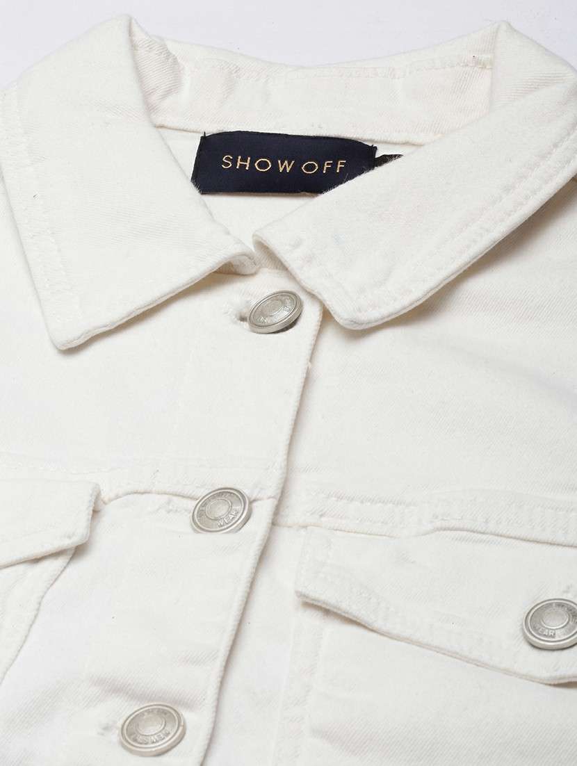 women white solid denim jacket - 20610417 - Standard Image - 6