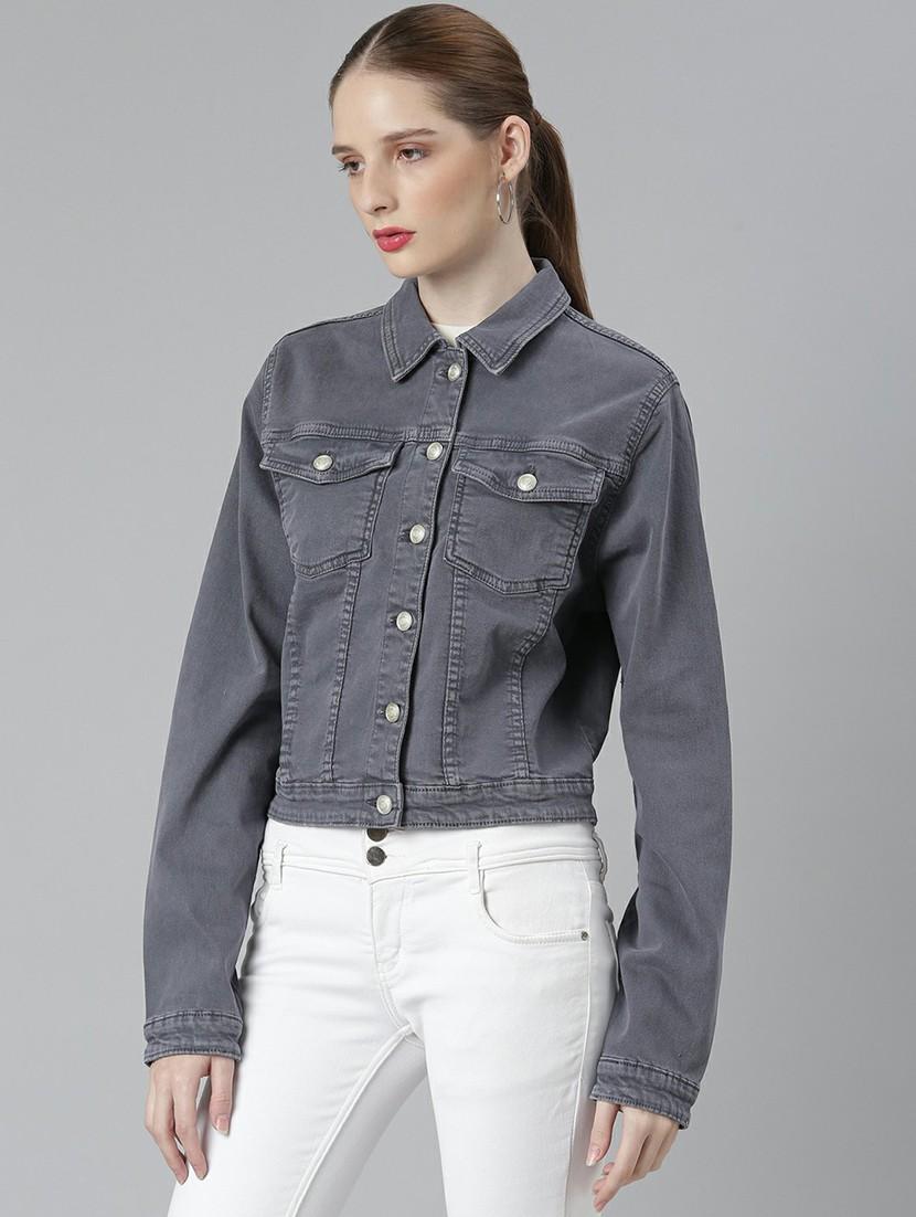 women grey solid denim jacket - 20610419 -  Standard Image - 1