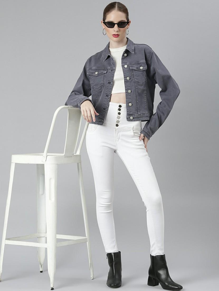 women grey solid denim jacket - 20610419 - Standard Image - 4