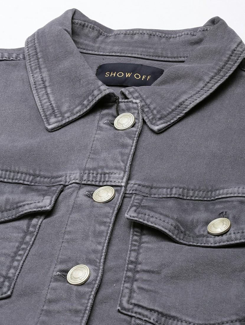 women grey solid denim jacket - 20610419 - Standard Image - 6