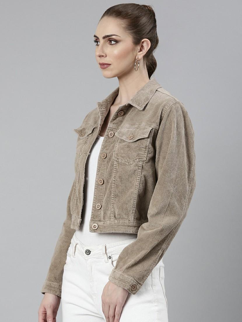 women beige solid regular jacket - 20610421 - Standard Image - 1