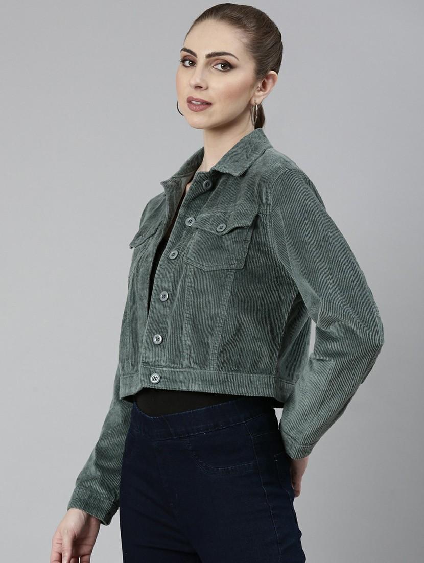 women sea green solid regular jacket - 20610425 -  Standard Image - 1